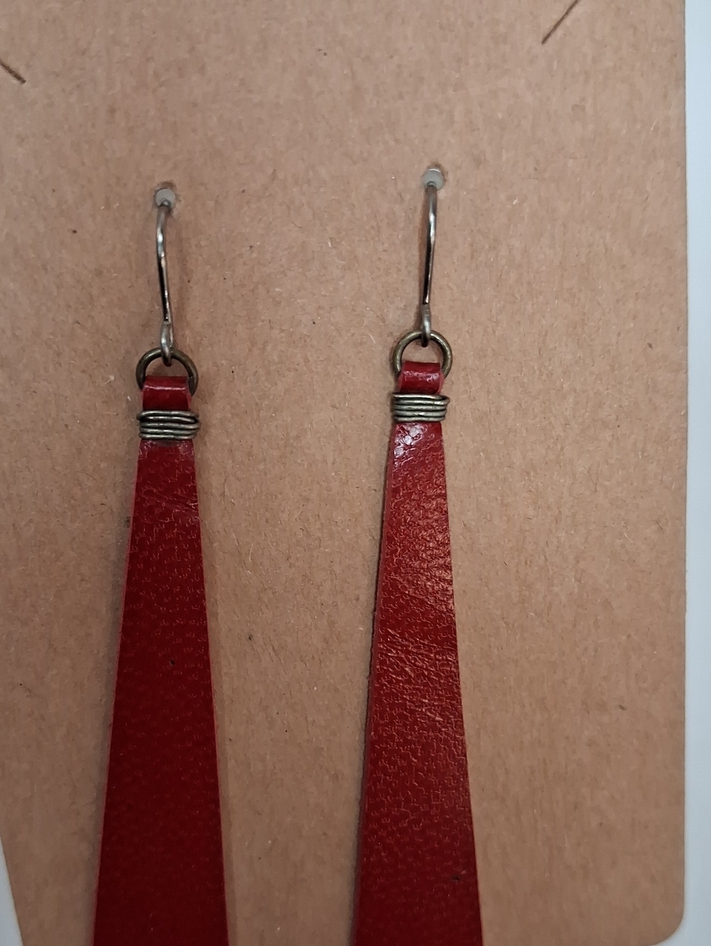Red Leather Geometric Drop Earrings Handmade Dangle Earrings - Picture 3 of 4